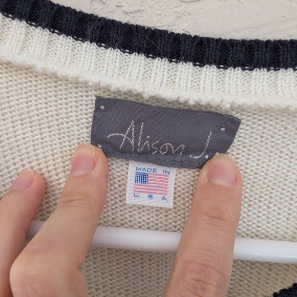 Vintage Alison J White Sweater Black Trim Pocket Made in USA - Picture 3 of 4